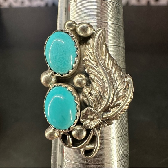 Sterling Silver Turquoise Two Stone Intricate Silver Work Leaves Southwestern - Picture 8 of 8